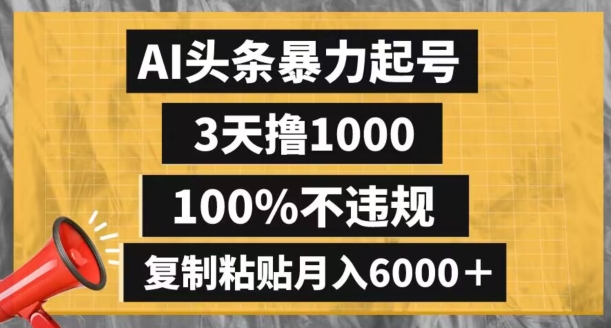 AI头条暴力起号，3天撸1000,100%不违规，复制粘贴月入6000＋【揭秘】-红薯资源库