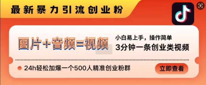 抖音最新暴力引流创业粉，3分钟一条创业类视频，24h轻松加爆一个500人精准创业粉群[db:副标题]-红薯资源库